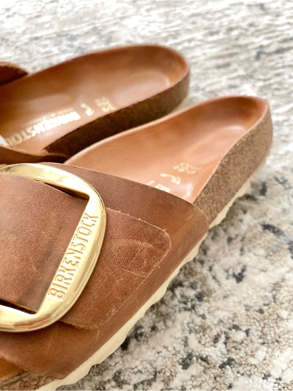 Birkenstock Madrid Big Buckle Brown Cognac 39 Size 8 Gold Slide Sandals - Picture 4 of 6